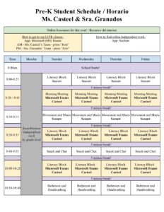 Casteel Pre-K Student Schedule || Horario del Estudiante