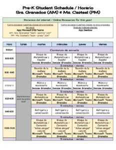 Granados Pre-K Student Schedule || Horario del Estudiante