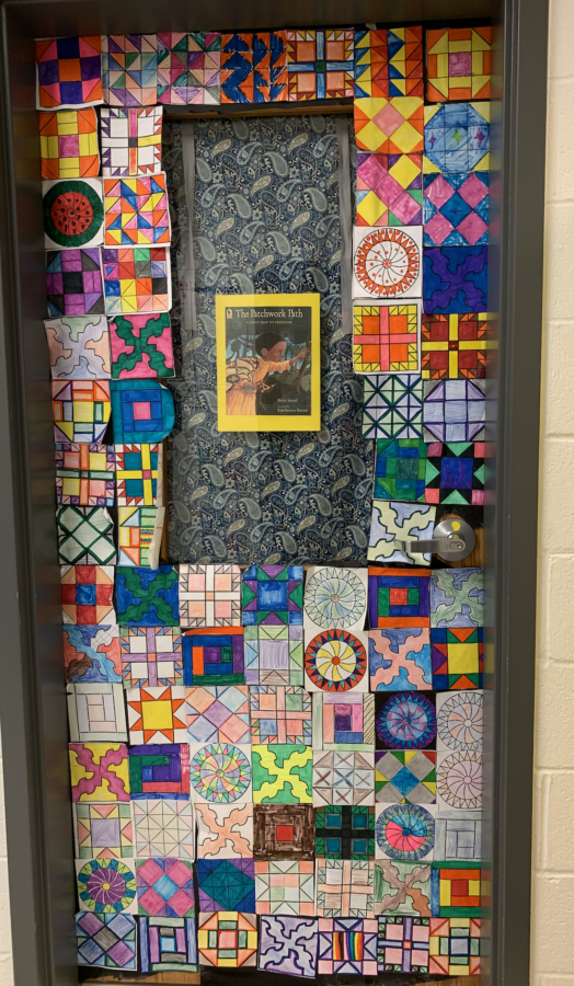 Door decorated for Black History Month inspired by The Patchwork Path book.