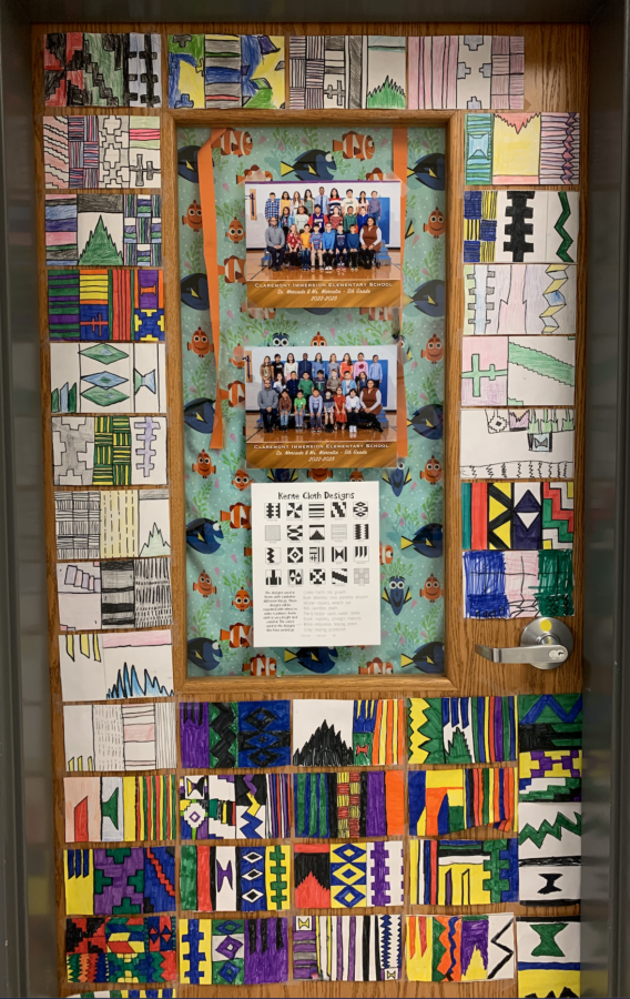 Door decorated for Black History Month inspired by Kente Cloth Designs.