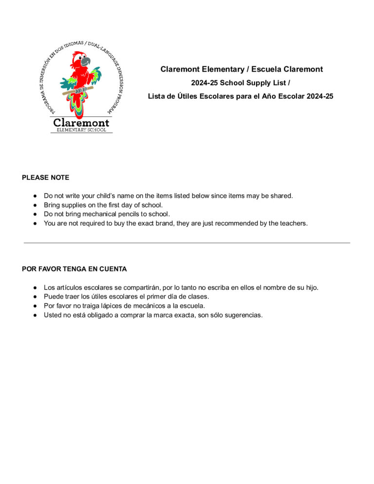 2024_25 School Supply Lists for Claremont Immersion Claremont